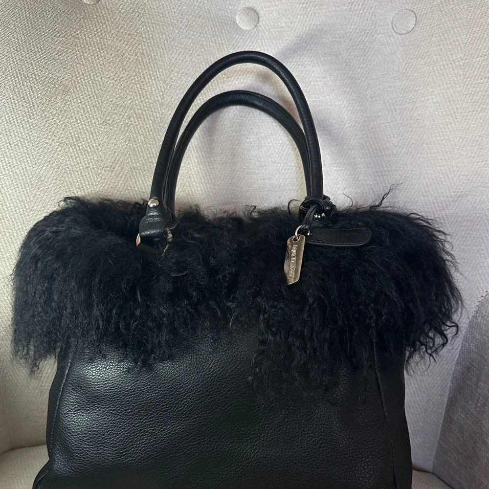 Aqua Madonna Elegant Black Satchel with Plush Fur Trim